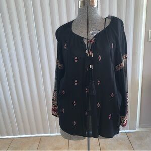Sundance embroidered peasant black blouse small rayon